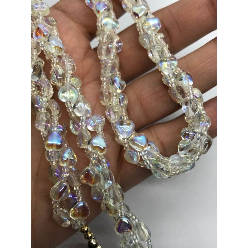 Heart shaped iridescent clear beads multi strand braided necklace